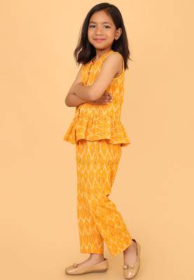 Yellow cotton ikat peplum top & pant co-ord set for girls 3