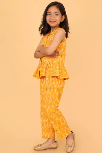 Yellow cotton ikat peplum top & pant co-ord set for girls