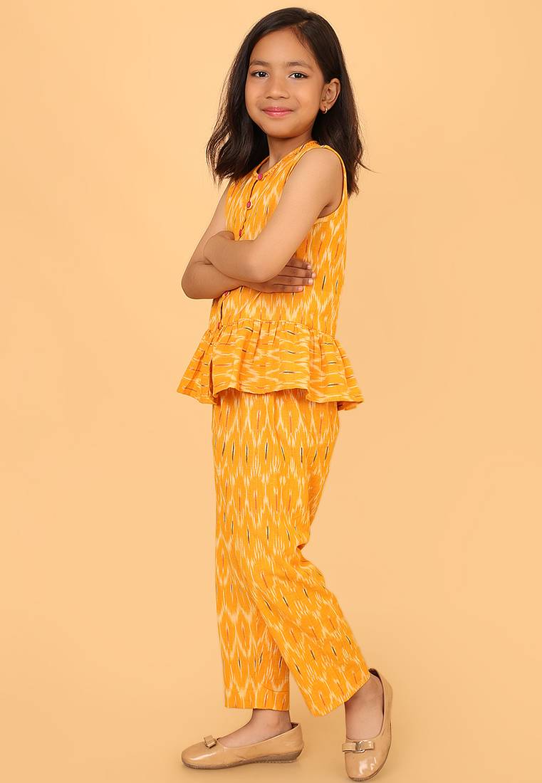 Yellow cotton ikat peplum top & pant co-ord set for girls