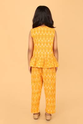 Yellow cotton ikat peplum top & pant co-ord set for girls 4