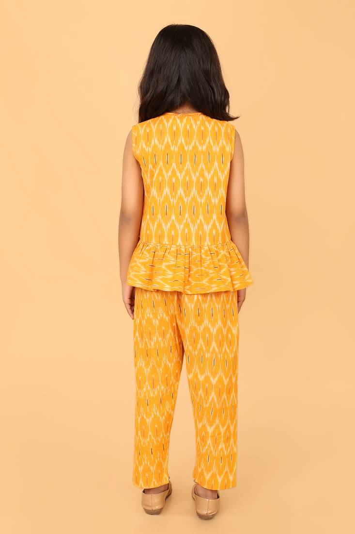 Yellow cotton ikat peplum top & pant co-ord set for girls