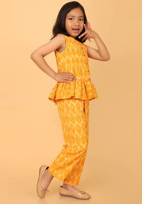 Yellow cotton ikat peplum top & pant co-ord set for girls 5