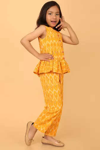 Yellow cotton ikat peplum top & pant co-ord set for girls