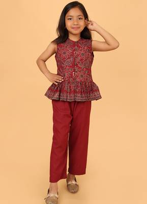 Maroon hand block printed cotton peplum top & pant co-ord set for girls 1