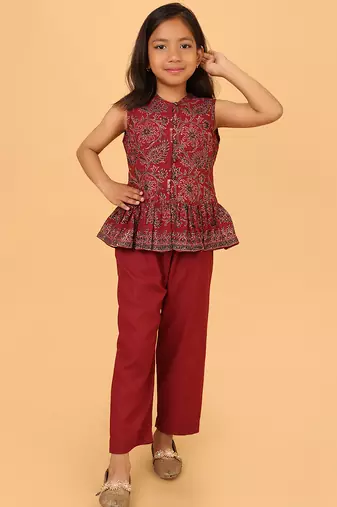 Maroon hand block printed cotton peplum top & pant co-ord set for girls