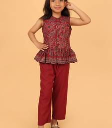Maroon hand block printed cotton peplum top & pant co-ord set for girls