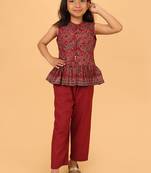 Maroon hand block printed cotton peplum top & pant co-ord set for girls