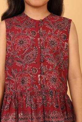 Maroon hand block printed cotton peplum top & pant co-ord set for girls 3