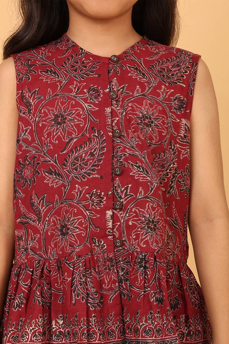 Maroon hand block printed cotton peplum top & pant co-ord set for girls
