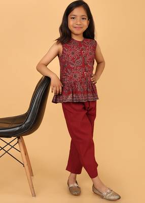Maroon hand block printed cotton peplum top & pant co-ord set for girls 4