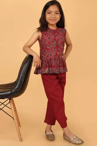 Maroon hand block printed cotton peplum top & pant co-ord set for girls