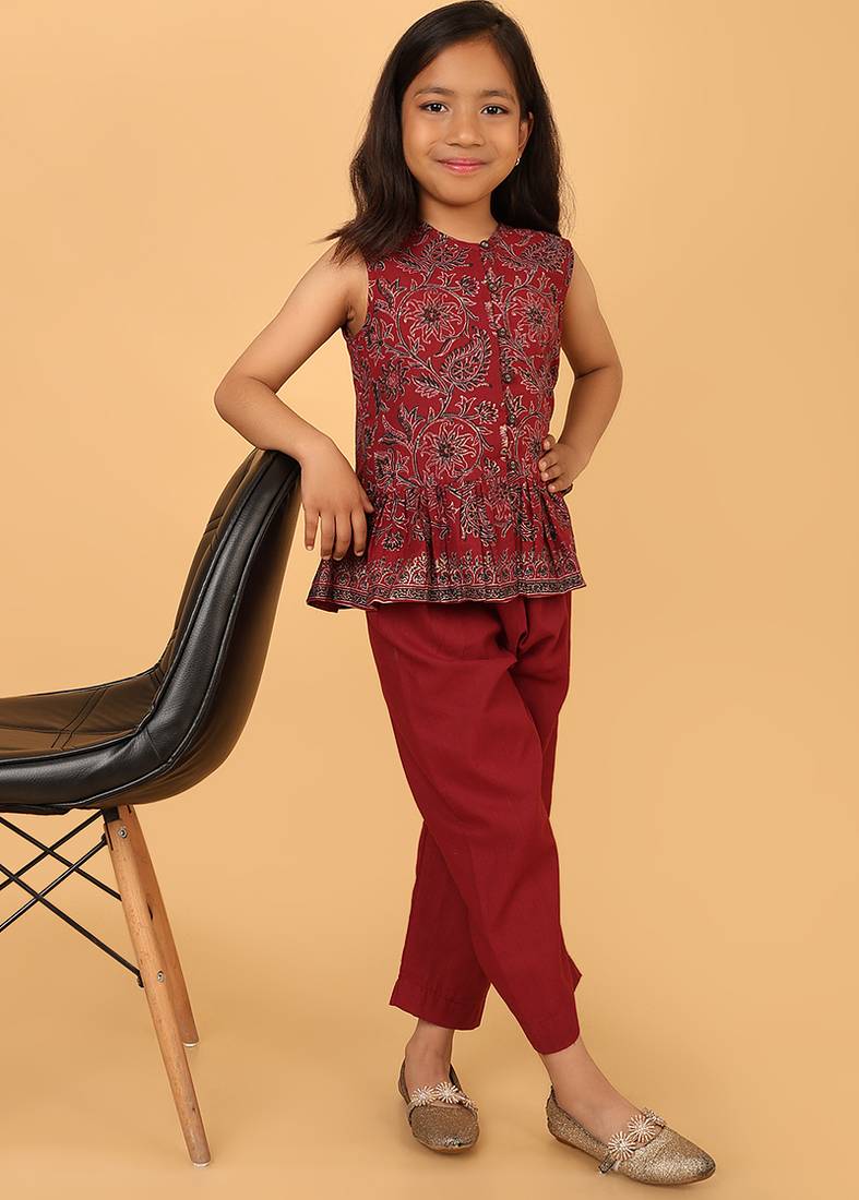 Maroon hand block printed cotton peplum top & pant co-ord set for girls
