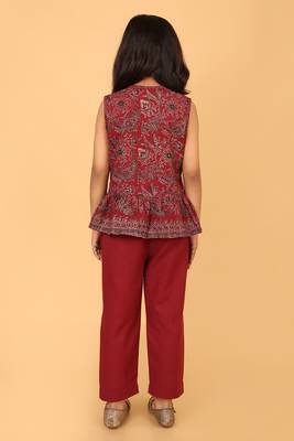 Maroon hand block printed cotton peplum top & pant co-ord set for girls 5