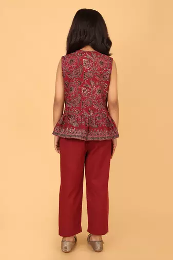 Maroon hand block printed cotton peplum top & pant co-ord set for girls