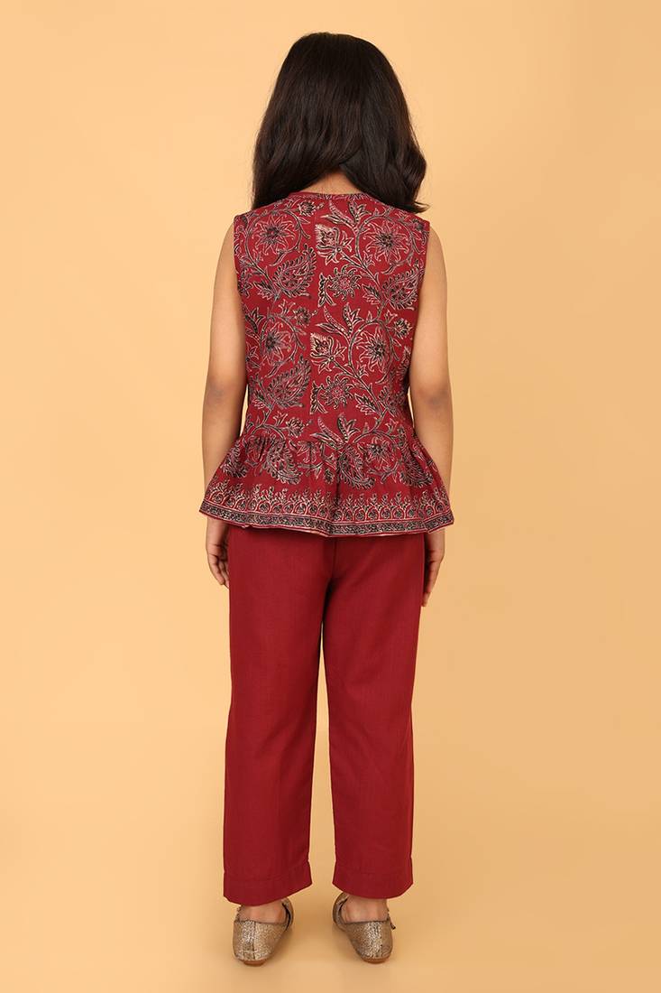 Maroon hand block printed cotton peplum top & pant co-ord set for girls