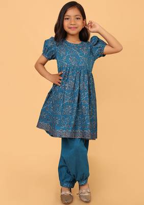 Teal hand block printed cotton tunic & pant set for girls 1