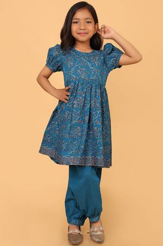 Teal hand block printed cotton tunic & pant set for girls