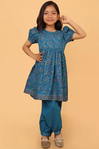 Teal hand block printed cotton tunic & pant set for girls