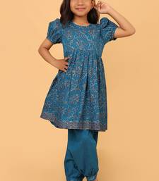 Teal hand block printed cotton tunic & pant set for girls