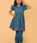 Teal hand block printed cotton tunic & pant set for girls