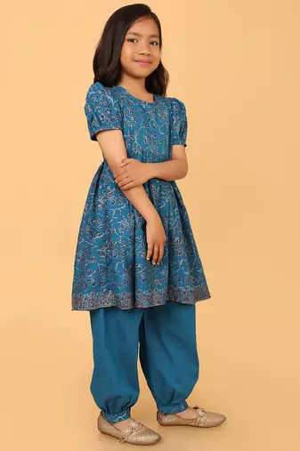 Teal hand block printed cotton tunic & pant set for girls
