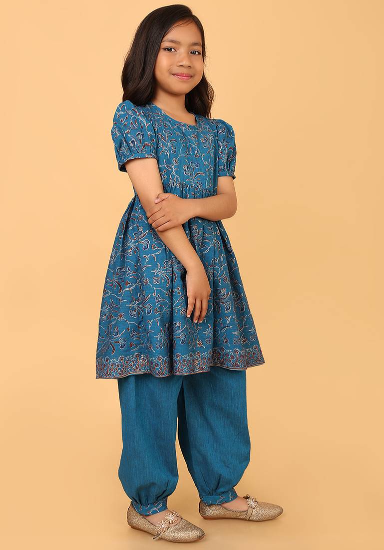 Teal hand block printed cotton tunic & pant set for girls