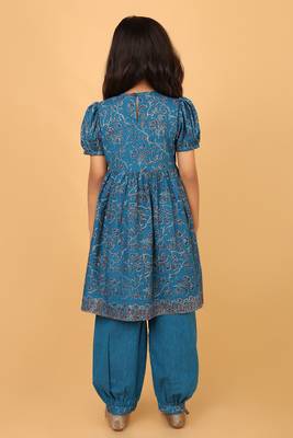 Teal hand block printed cotton tunic & pant set for girls 3