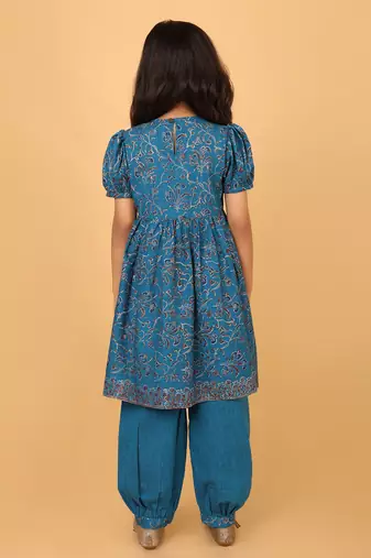 Teal hand block printed cotton tunic & pant set for girls