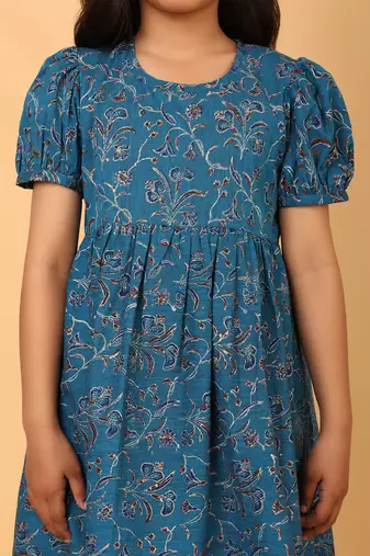 Teal hand block printed cotton tunic & pant set for girls