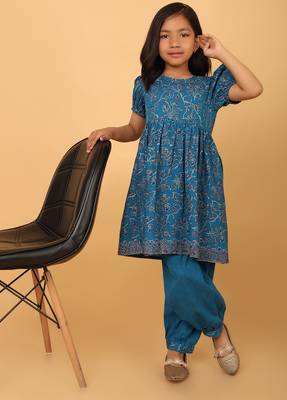 Teal hand block printed cotton tunic & pant set for girls 5