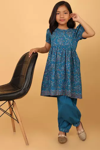 Teal hand block printed cotton tunic & pant set for girls