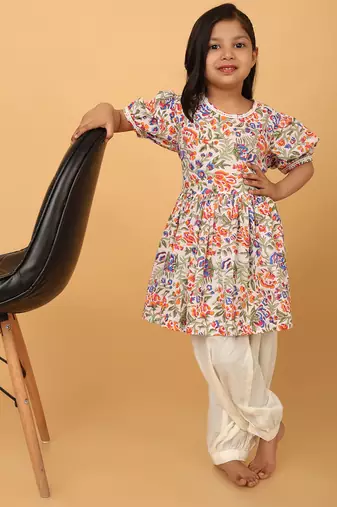 Multicolor hand block printed cotton tunic & pant set for girls