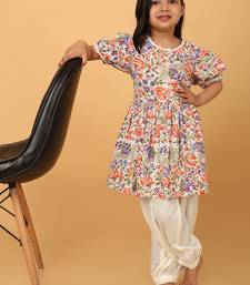 Multicolor hand block printed cotton tunic & pant set for girls