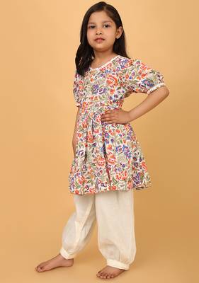 Multicolor hand block printed cotton tunic & pant set for girls 2