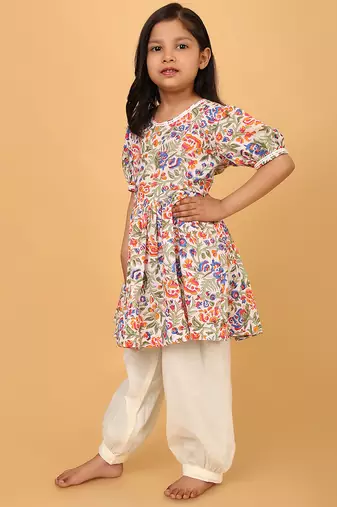 Multicolor hand block printed cotton tunic & pant set for girls