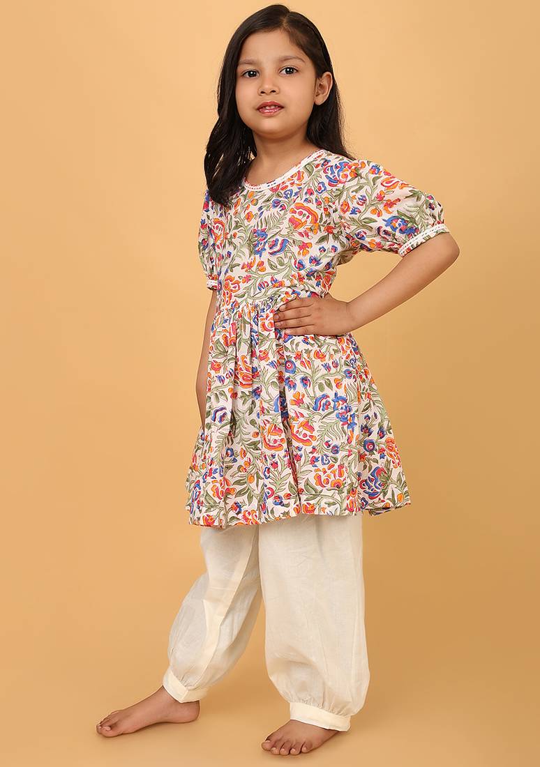 Multicolor hand block printed cotton tunic & pant set for girls