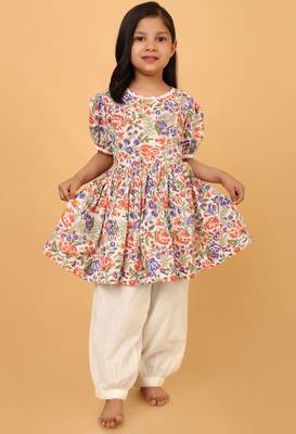 Multicolor hand block printed cotton tunic & pant set for girls 3