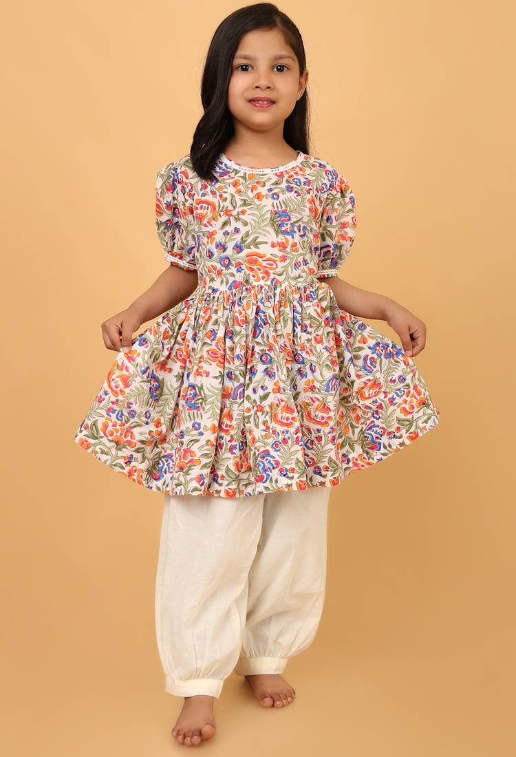Multicolor hand block printed cotton tunic & pant set for girls