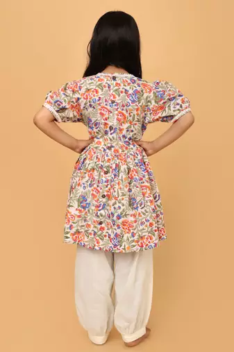 Multicolor hand block printed cotton tunic & pant set for girls