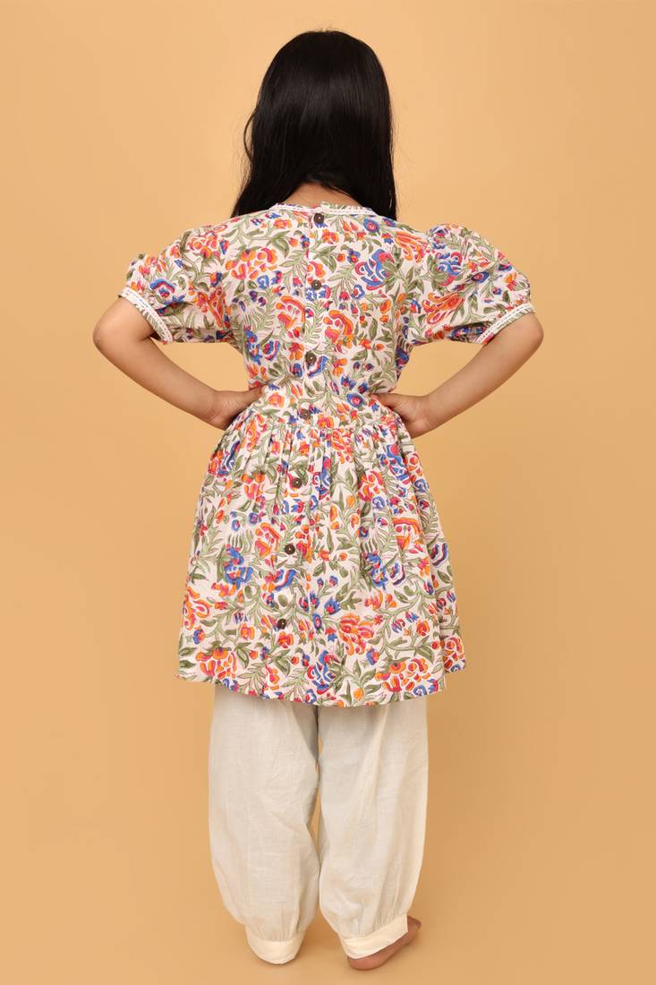 Multicolor hand block printed cotton tunic & pant set for girls