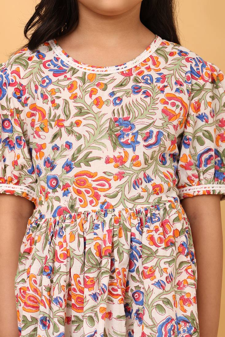 Multicolor hand block printed cotton tunic & pant set for girls