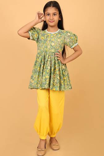 Green hand block printed cotton tunic & pant set for girls