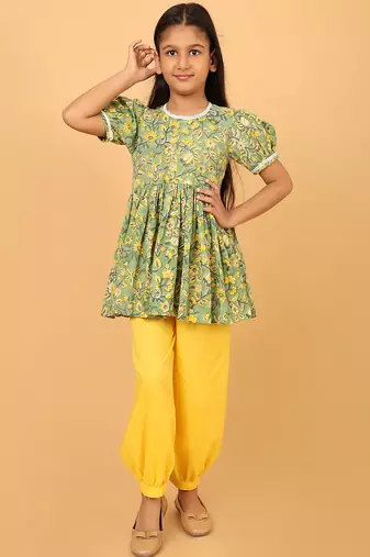 Green hand block printed cotton tunic & pant set for girls