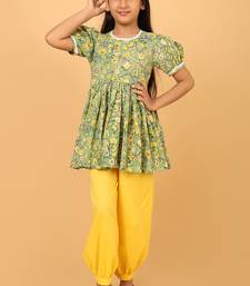 Green hand block printed cotton tunic & pant set for girls