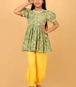 Green hand block printed cotton tunic & pant set for girls