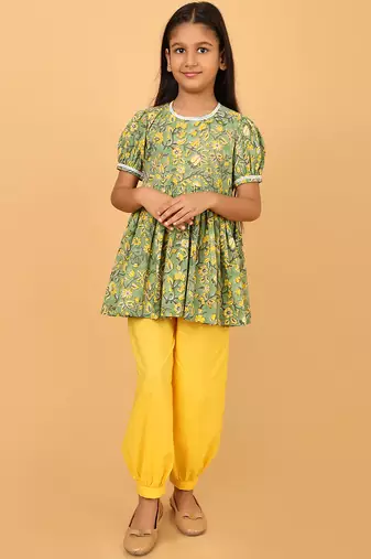 Green hand block printed cotton tunic & pant set for girls