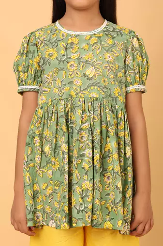 Green hand block printed cotton tunic & pant set for girls