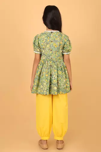 Green hand block printed cotton tunic & pant set for girls