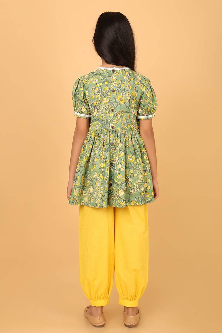 Green hand block printed cotton tunic & pant set for girls