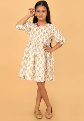 White block print cotton girls frock 1